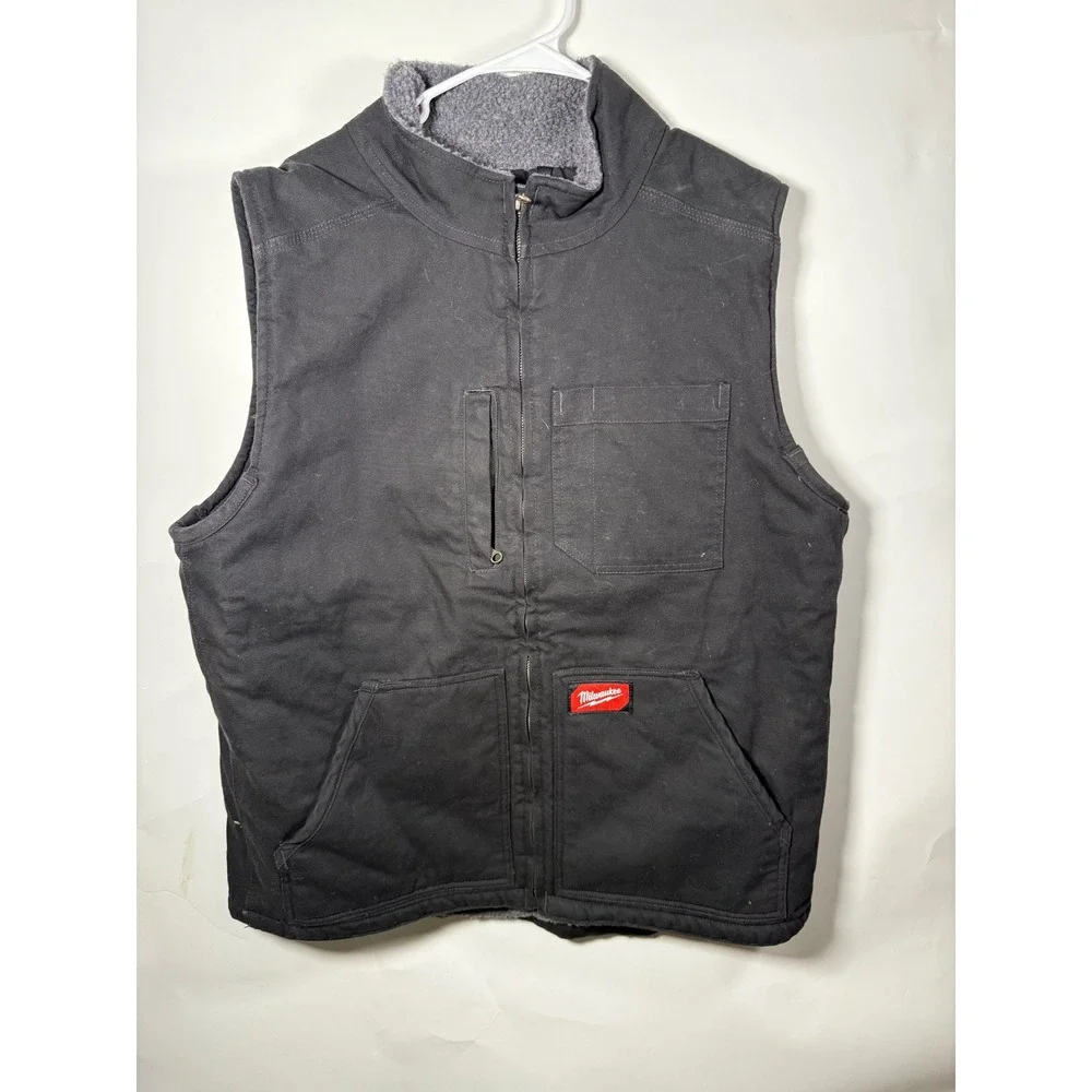Milwaukee Workwear Black Sherpa Lined Canvas Vest Men's Size XL Full Zip Pockets - Picture 1 of 10
